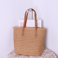 Paper cord large brown leather handle clutch