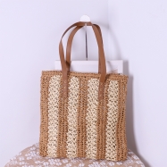 Paper cord large striped leather handle clutch