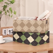 Folding gingham fabric storage basket